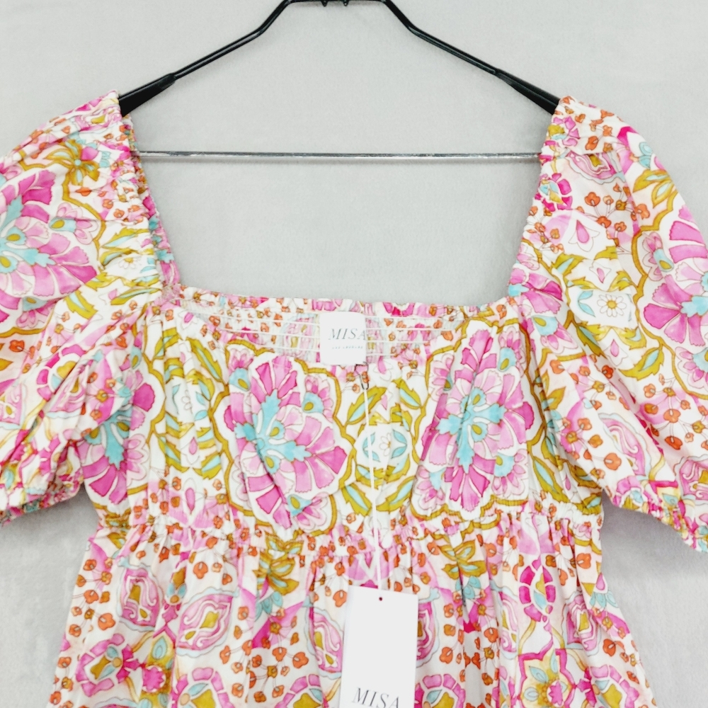 NEW MISA Kayla Pink Summer Floral Puff Sleeve Mini Dress P3100 - Picture 4 of 10